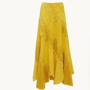 LA DoubleJ Canary Yellow Asymmetrical Feather-Trim Maxi Skirt